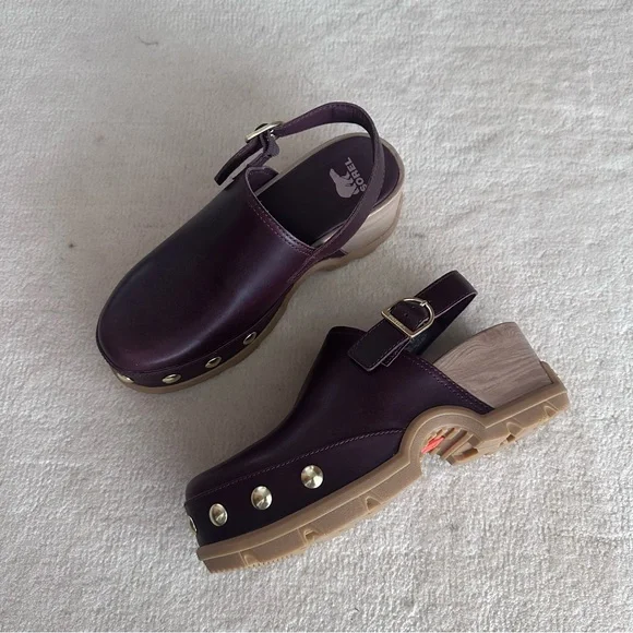 Sorel Burgundy Leather Slingback Clogs with Tan Lug Sole - Picture 1 of 6